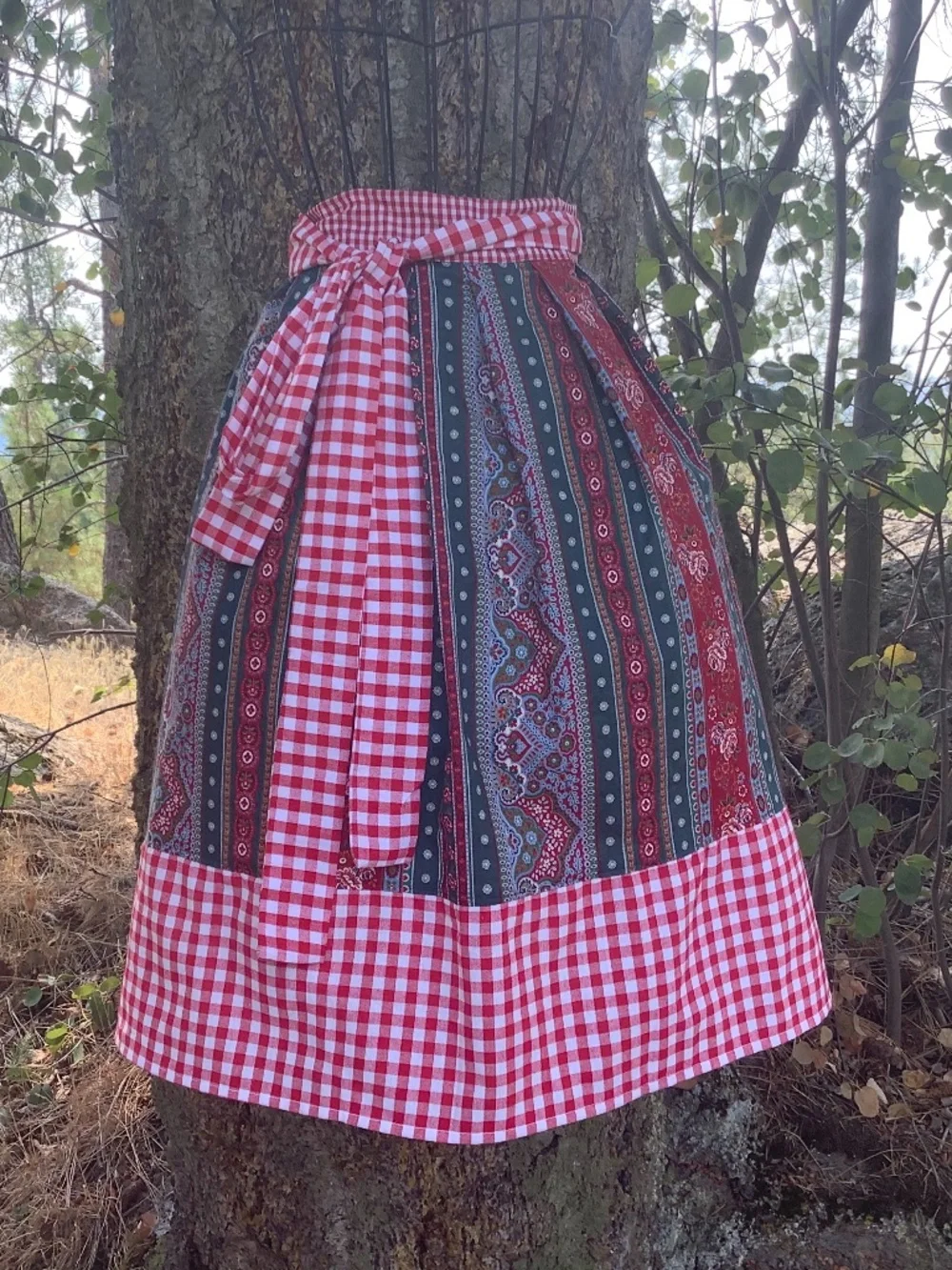 Red Check Straps Green Floral Stripe Apron Costume Kitchen Peasant Oktoberfest